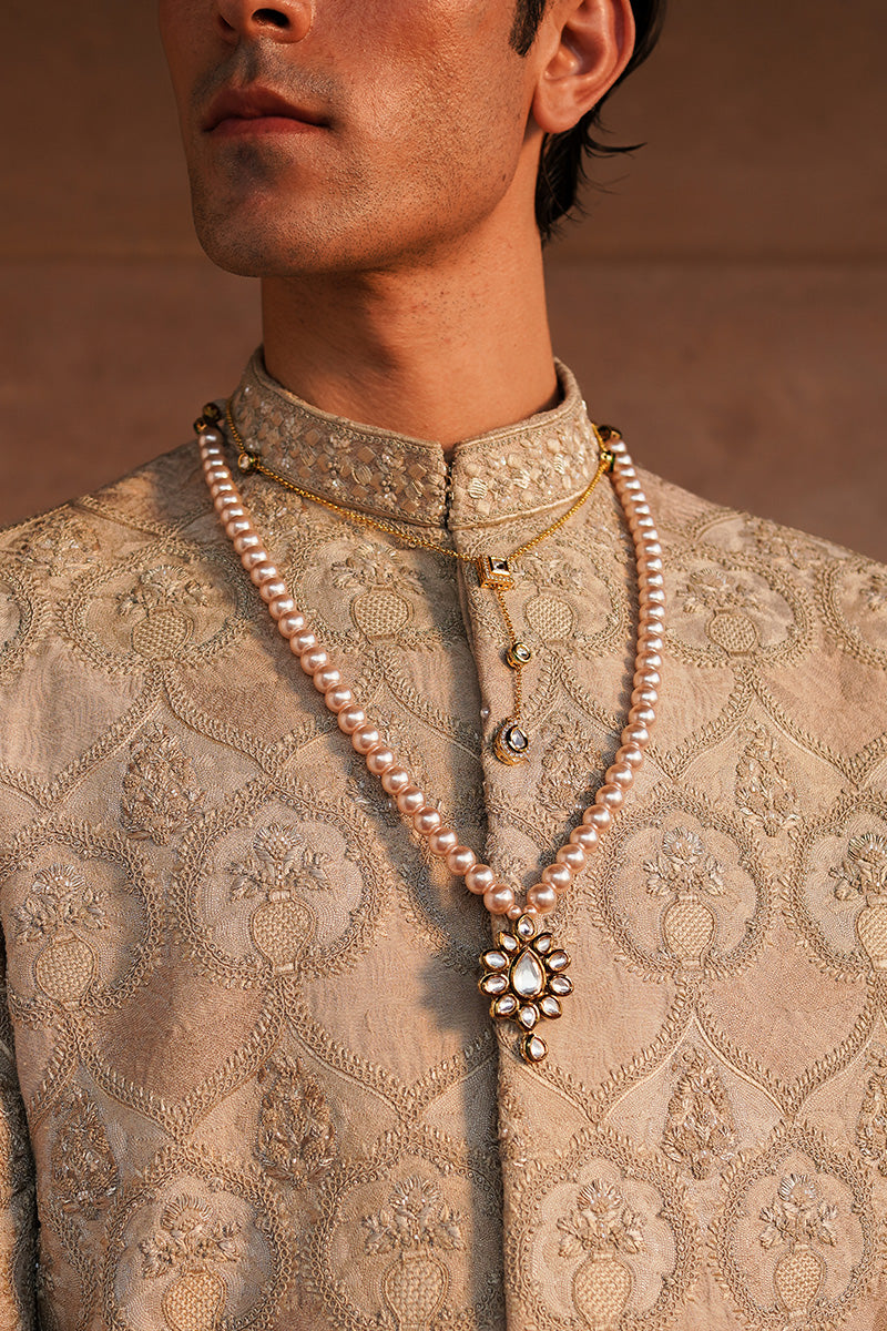 Beige Tilla Resham Jacquard Achkan Sherwani (3-Piece) - Image 3