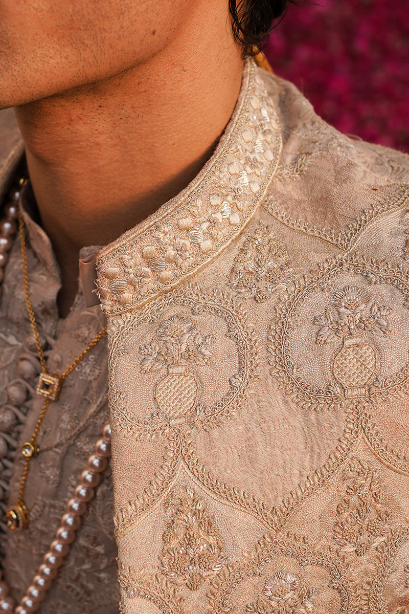 Beige Tilla Resham Jacquard Achkan Sherwani (3-Piece) - Image 5