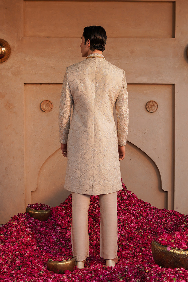 Beige Tilla & Resham Pure Jacquard Sherwani (3-Piece) - Image 7