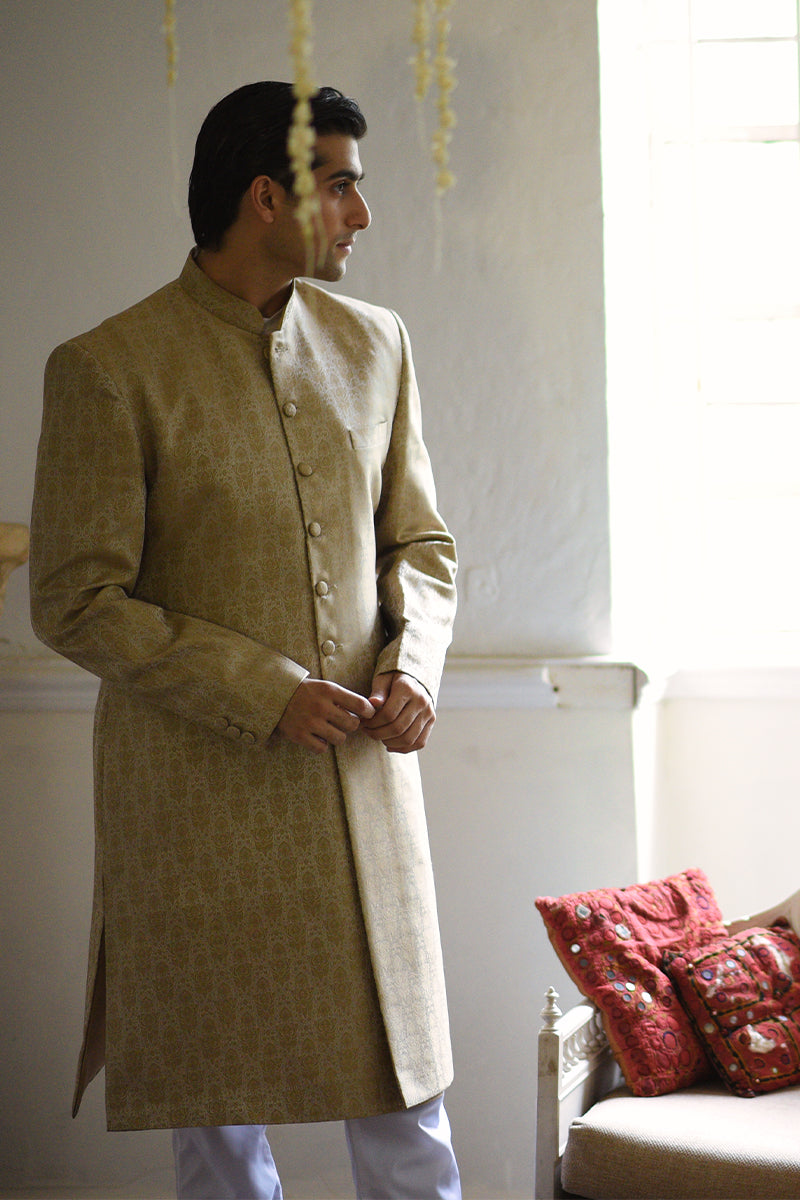 Beige Gold Jamawar Achkan Sherwani (2-Piece) - Image 2