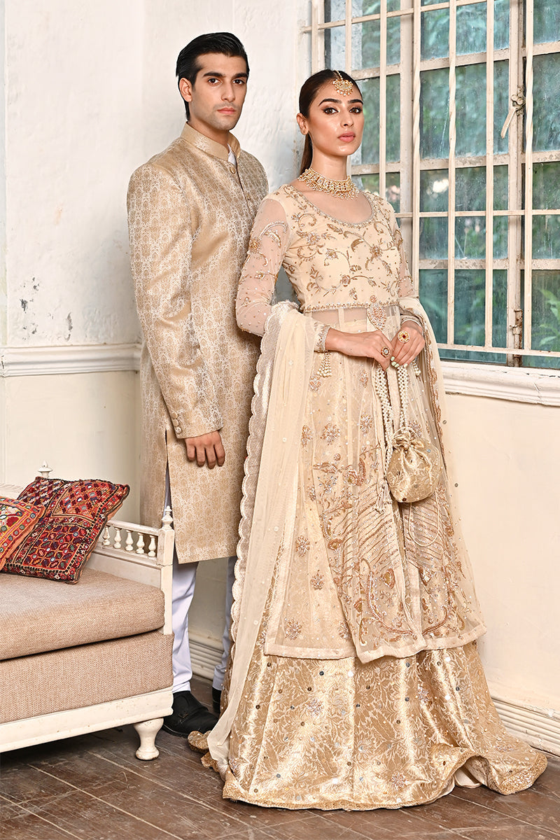 Beige Gold Jamawar Achkan Sherwani (2-Piece) - Image 4