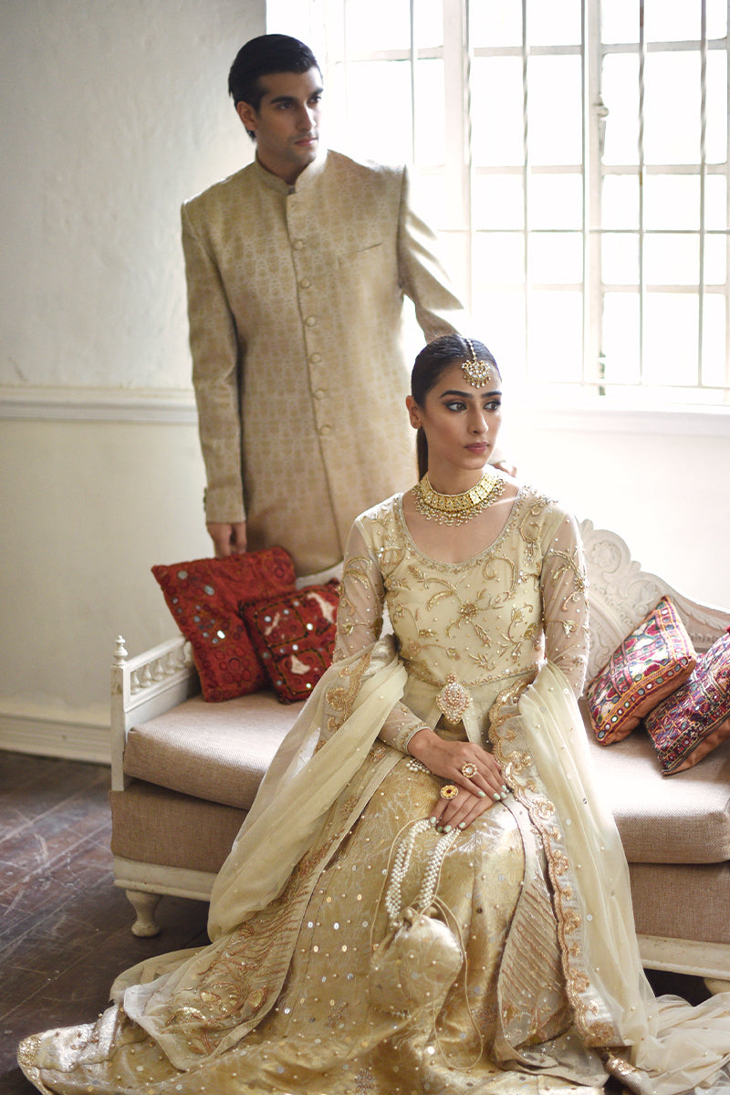 Beige Gold Jamawar Achkan Sherwani (2-Piece) - Image 5