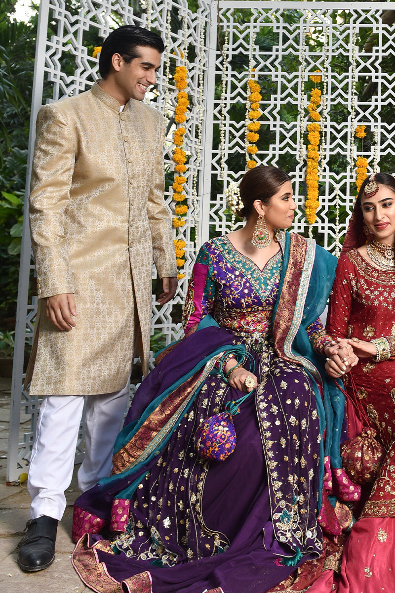 Beige Gold Jamawar Achkan Sherwani (2-Piece) - Image 6