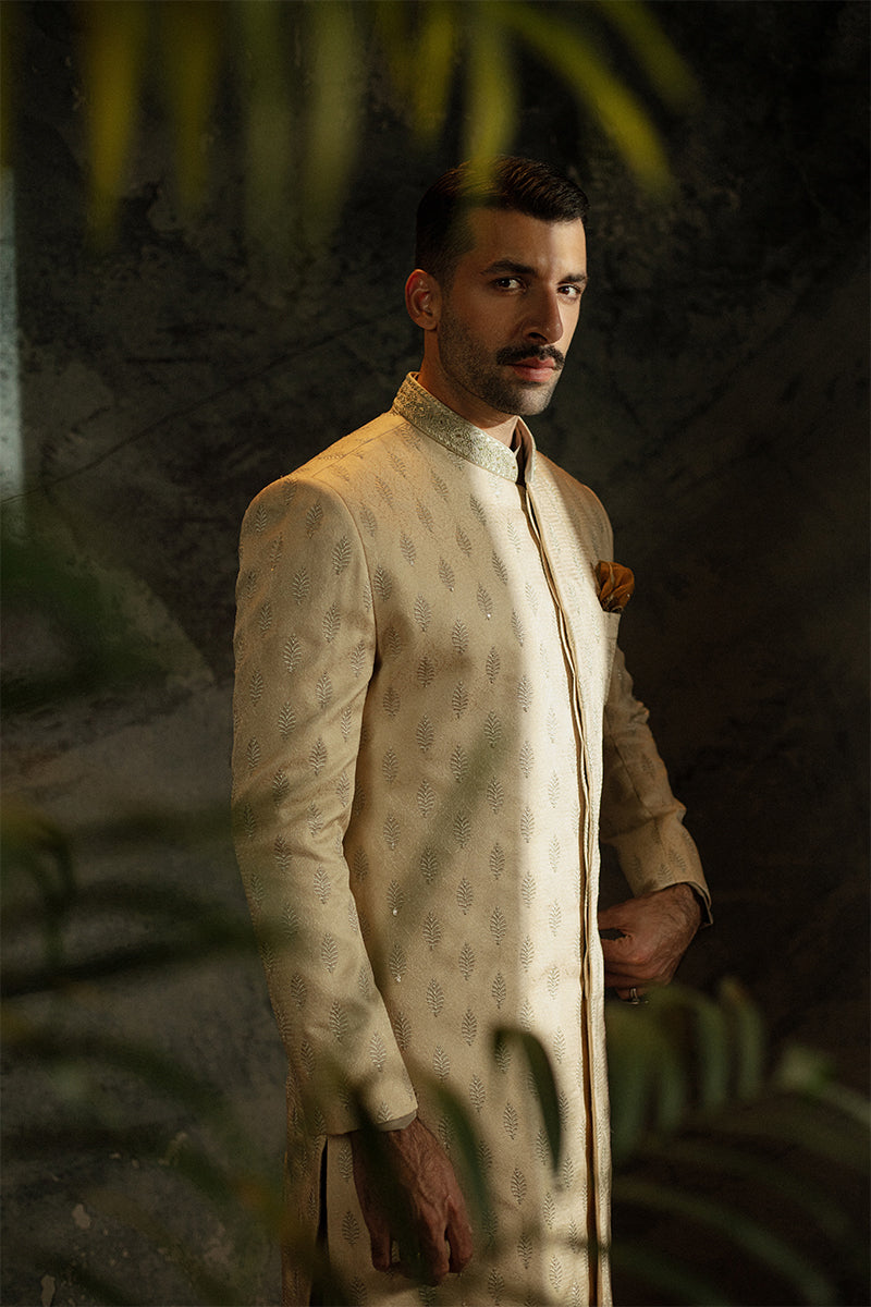 Light Beige Sequin Jamawar Achkan Sherwani (2-Piece) - Image 3