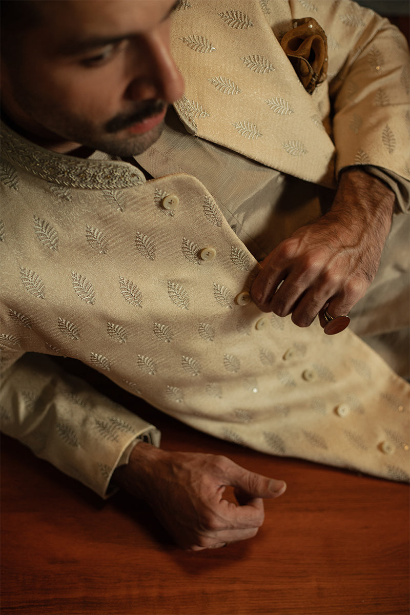 Light Beige Sequin Jamawar Achkan Sherwani (2-Piece) - Image 4