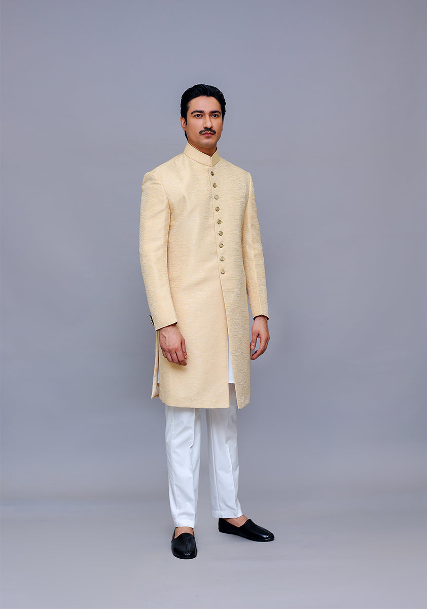 Almond Buff Woven Jamawar Achkan Sherwani (2-Piece) - Image 2