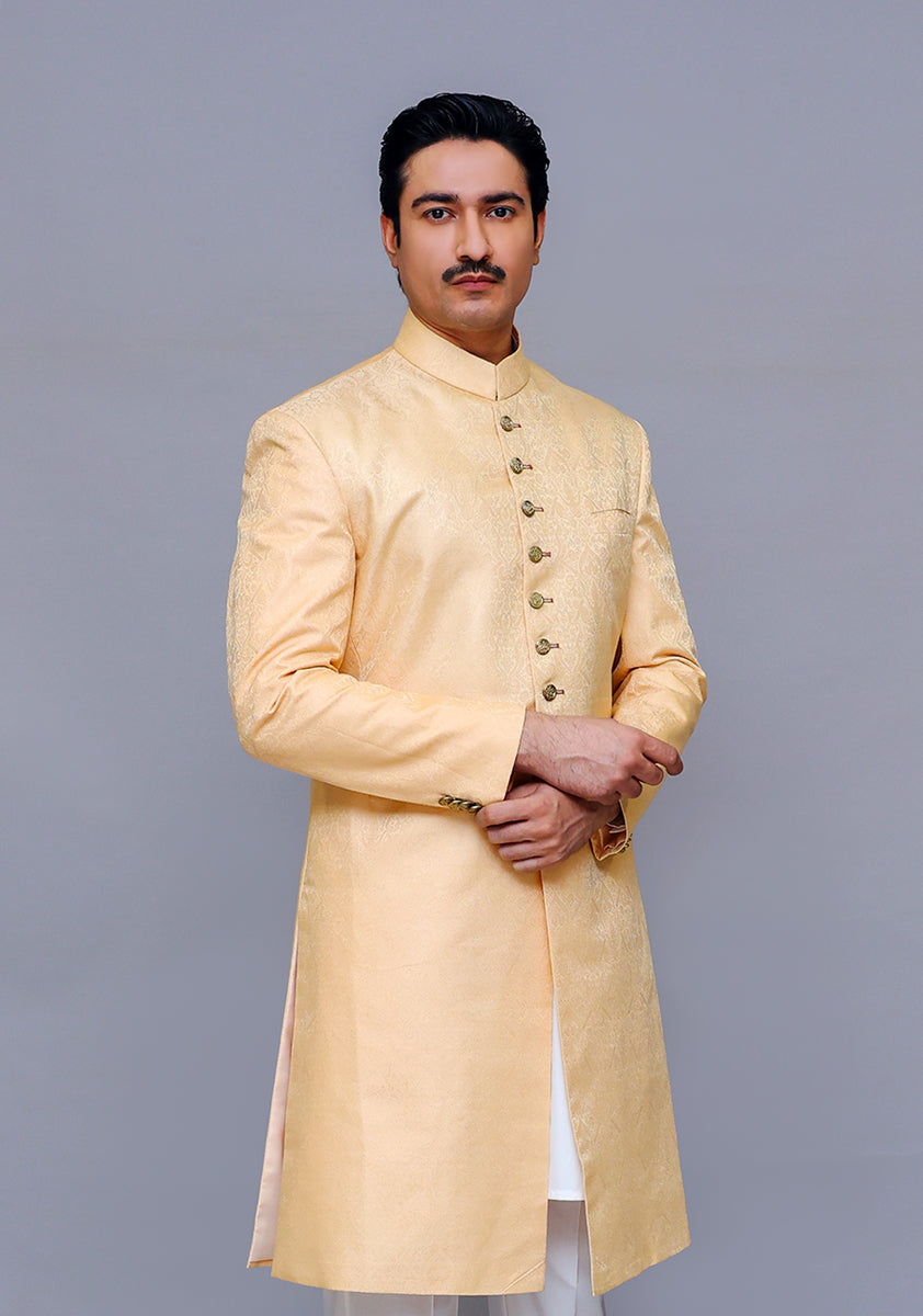Almond Buff Woven Jamawar Achkan Sherwani (2-Piece) - Image 3