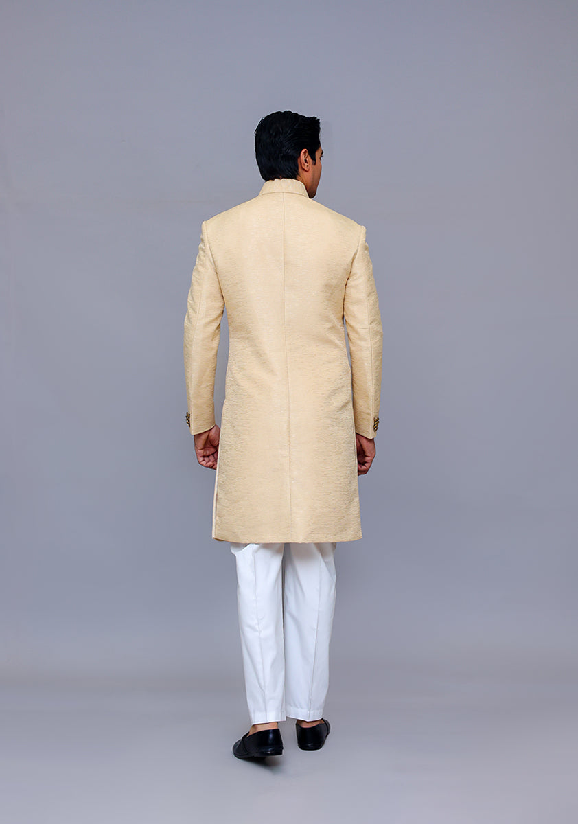 Almond Buff Woven Jamawar Achkan Sherwani (2-Piece) - Image 4