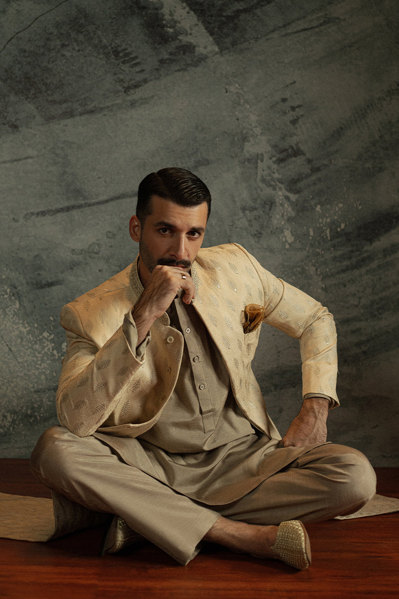 Light Beige Sequinned Jamawar Sherwani (2-Piece) - Image 10