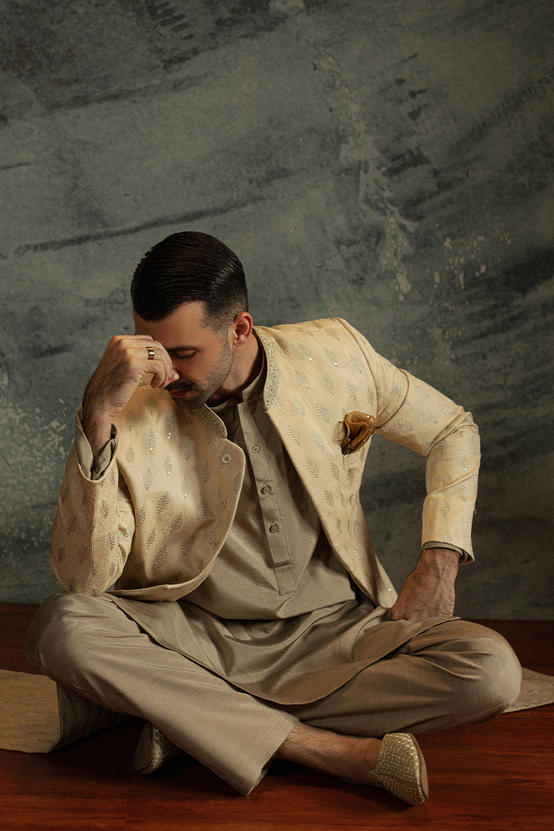 Light Beige Sequinned Jamawar Sherwani (2-Piece) - Image 11