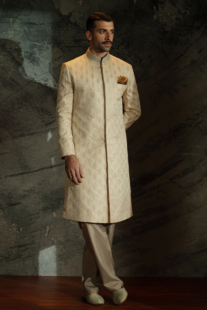 Light Beige Sequinned Jamawar Sherwani (2-Piece) - Image 2