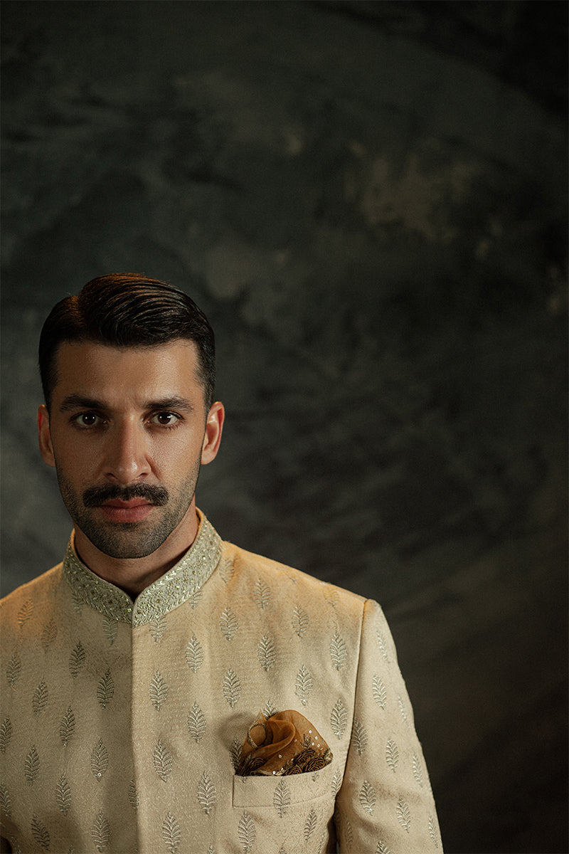 Light Beige Sequinned Jamawar Sherwani (2-Piece) - Image 7