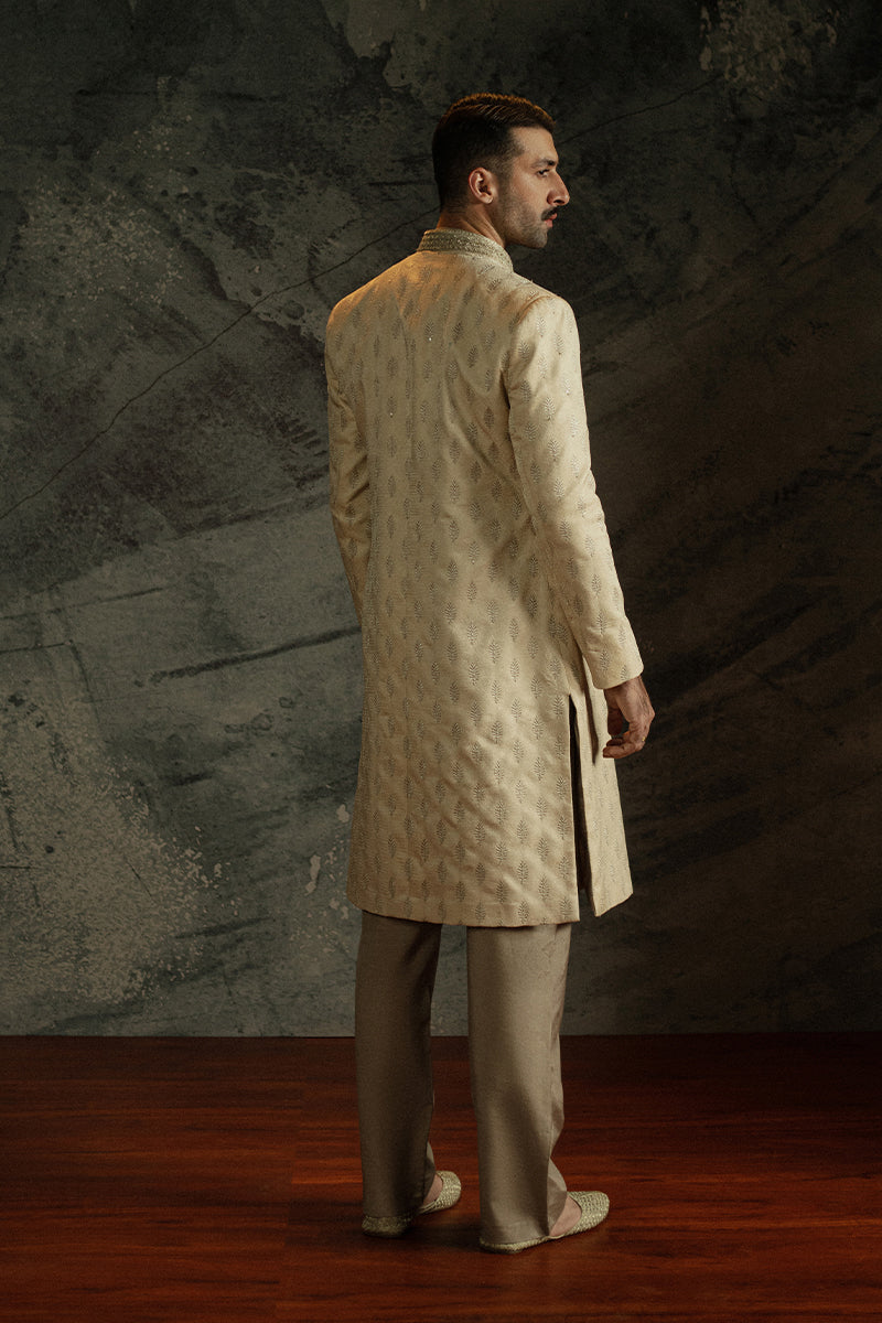 Light Beige Sequin Jamawar Achkan Sherwani (2-Piece) - Image 5