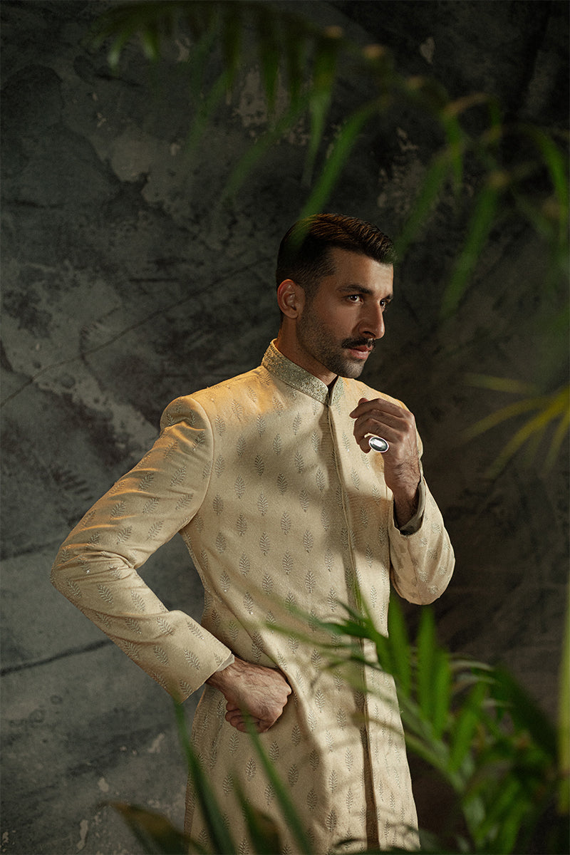 Light Beige Sequin Jamawar Achkan Sherwani (2-Piece) - Image 9