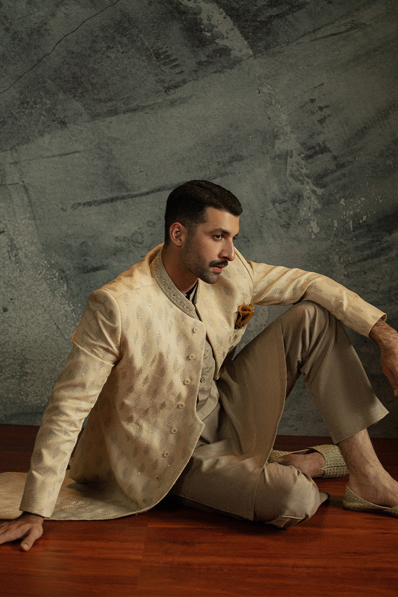 Light Beige Sequinned Jamawar Sherwani (2-Piece) - Image 8