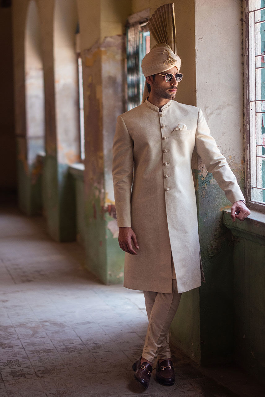 Beige Hand-Embroidered Khaddar Sherwani (2-Piece) - Image 1