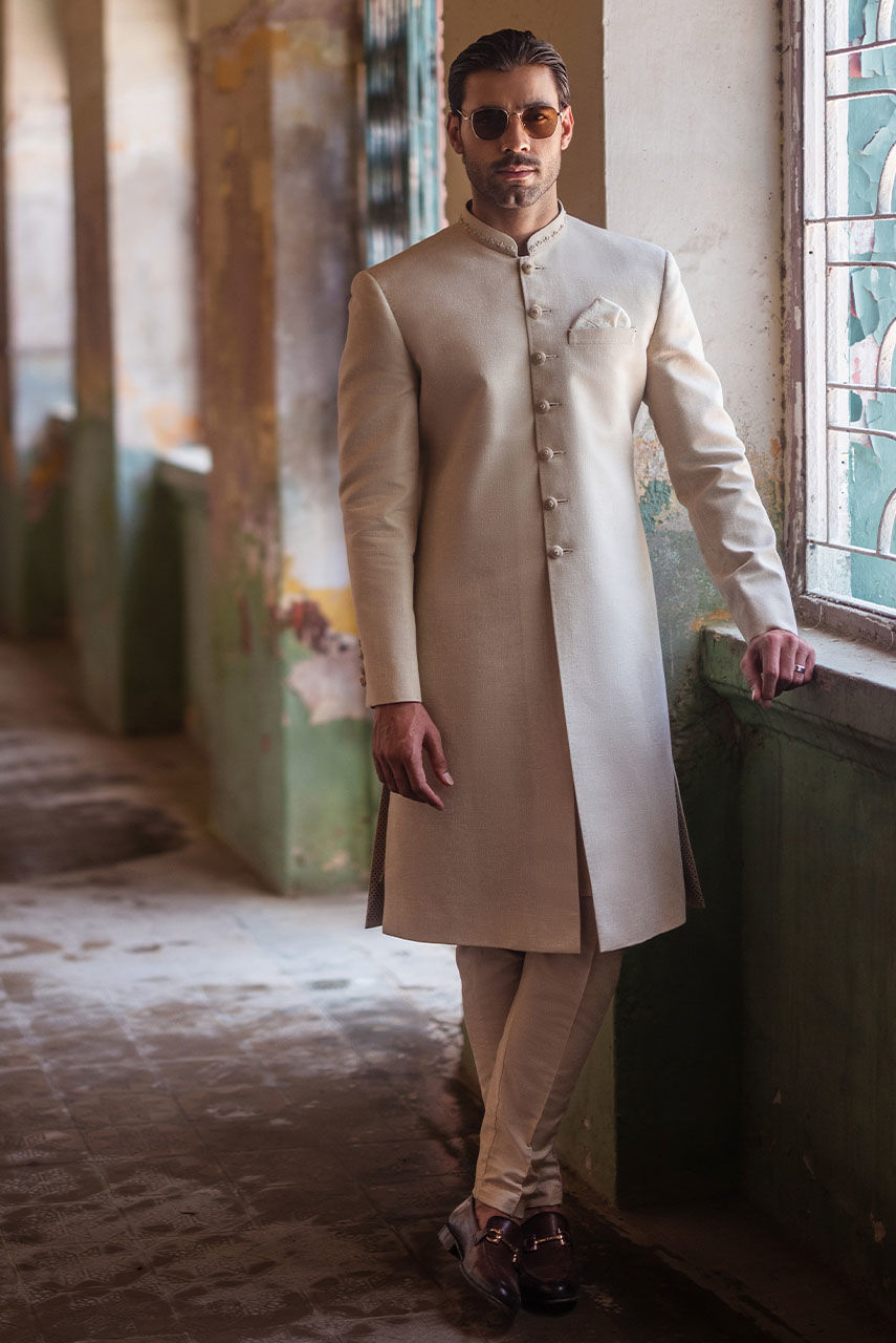 Beige Hand-Embroidered Khaddar Sherwani (2-Piece) - Image 2