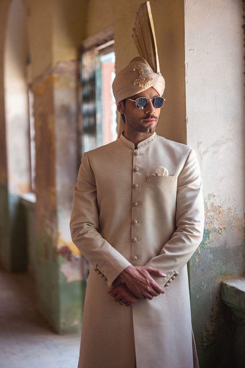 Beige Hand-Embroidered Khaddar Sherwani (2-Piece) - Image 3