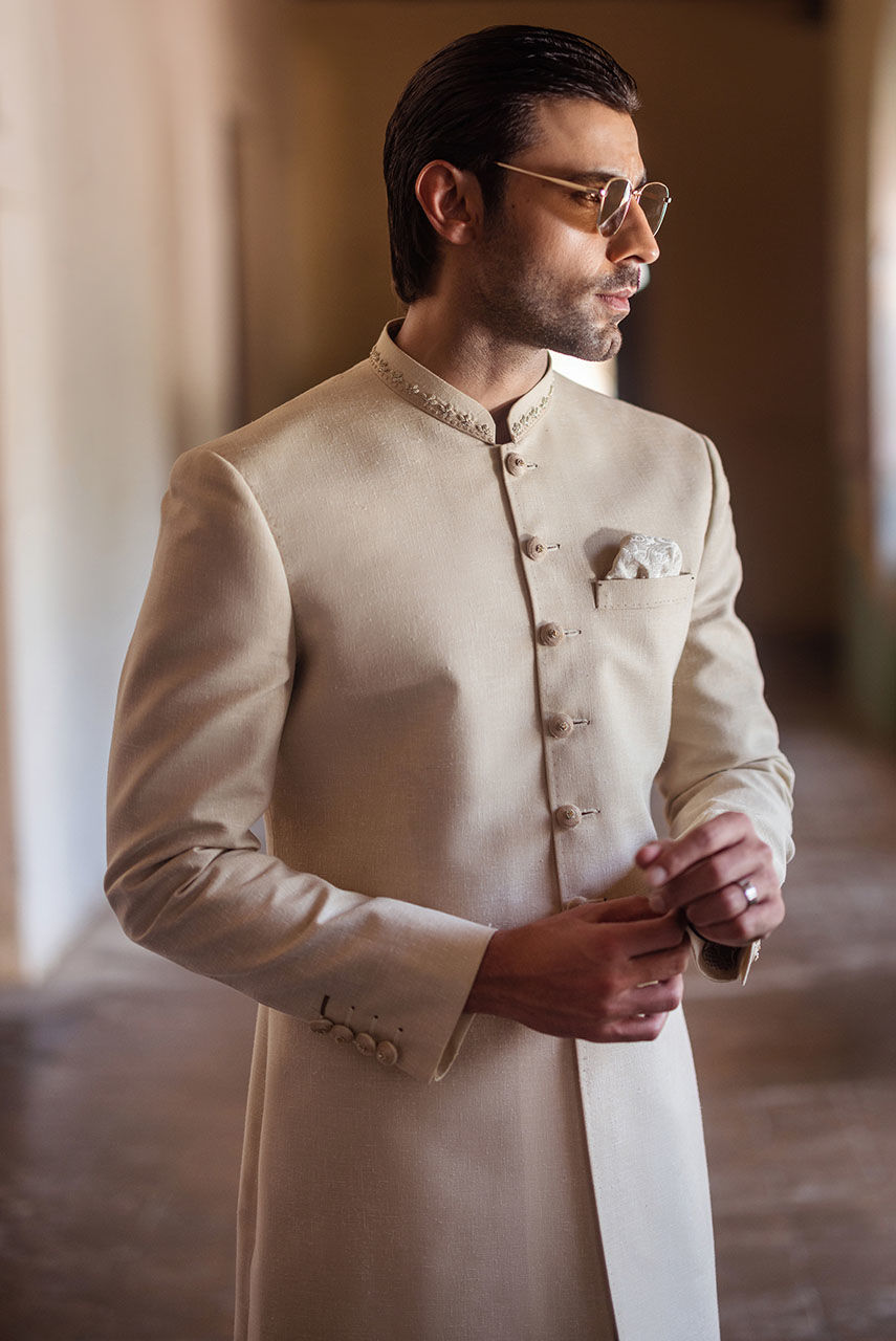 Beige Hand-Embroidered Khaddar Sherwani (2-Piece) - Image 4