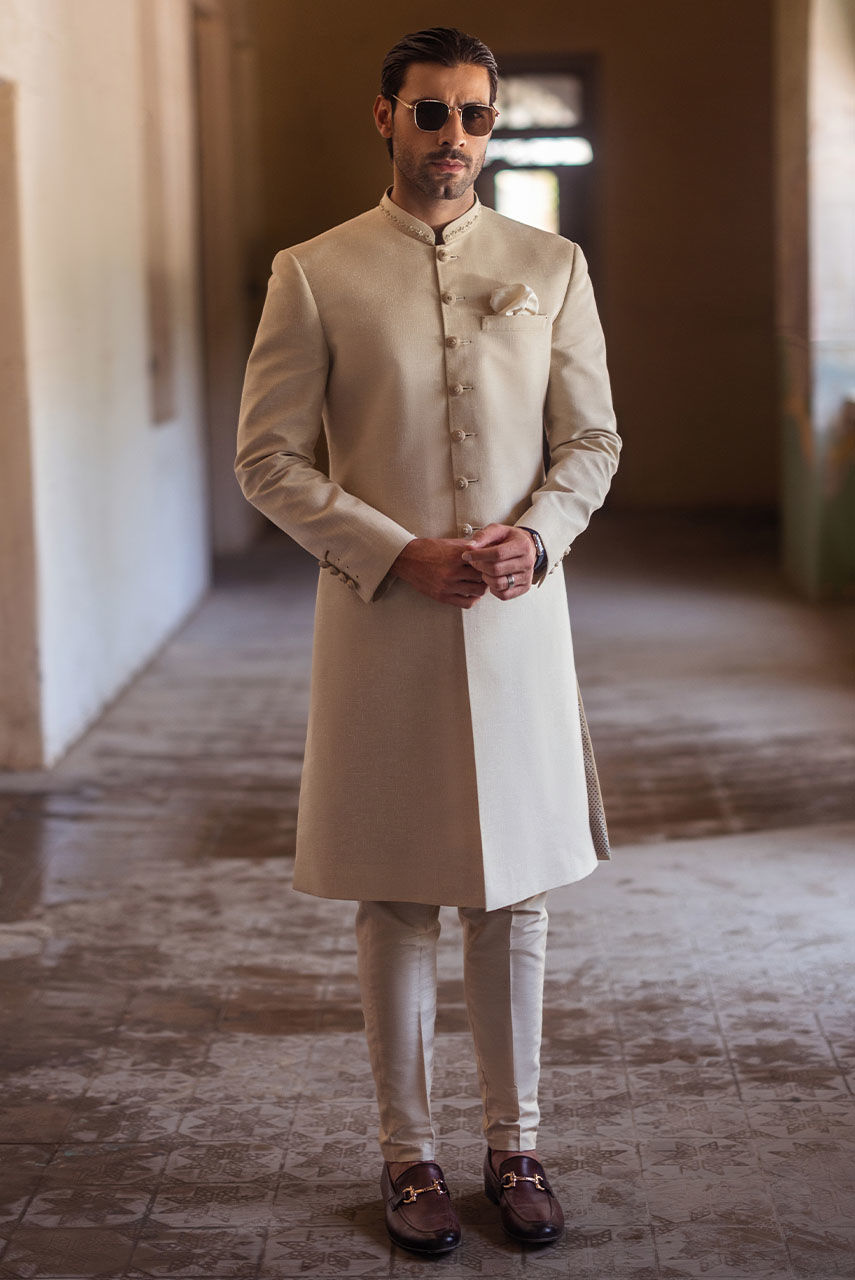 Beige Hand-Embroidered Khaddar Sherwani (2-Piece) - Image 5