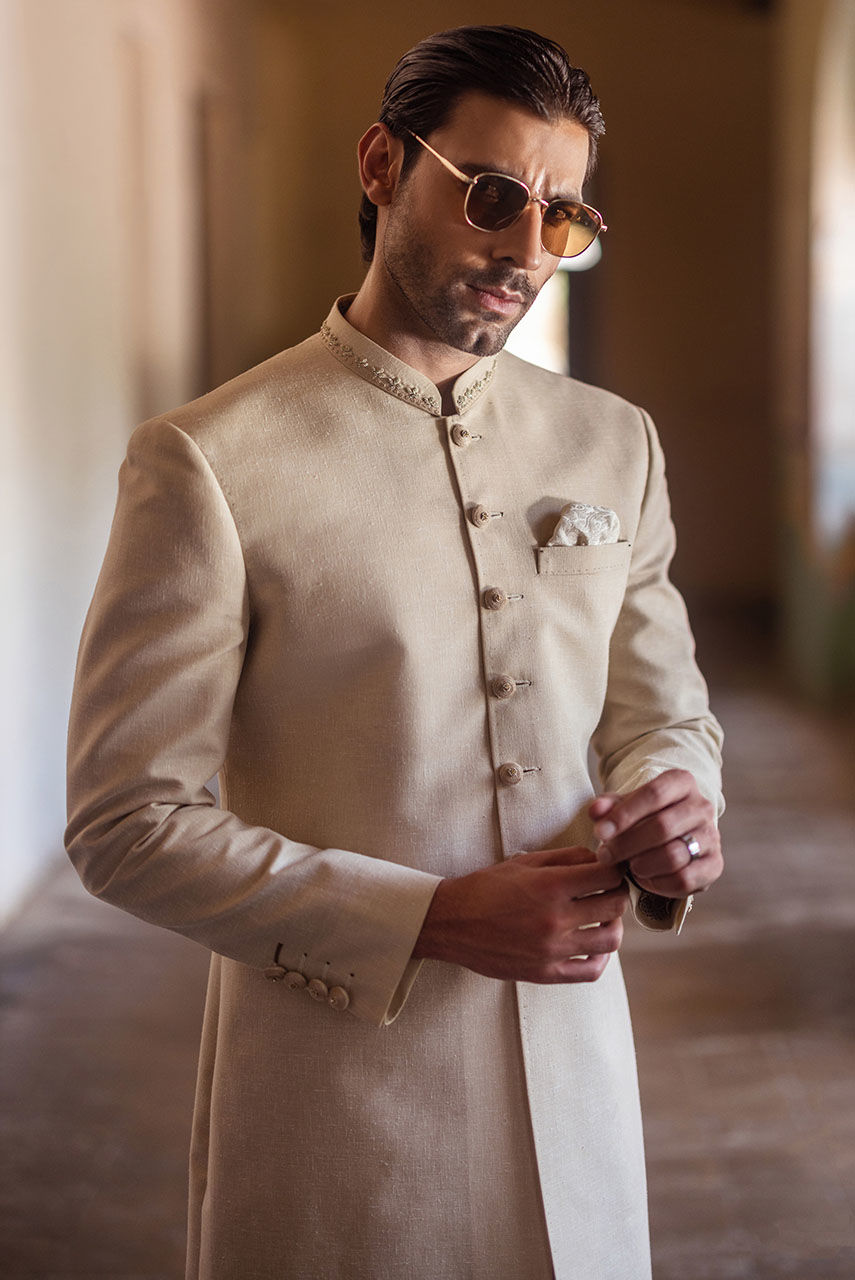 Beige Hand-Embroidered Khaddar Sherwani (2-Piece) - Image 6