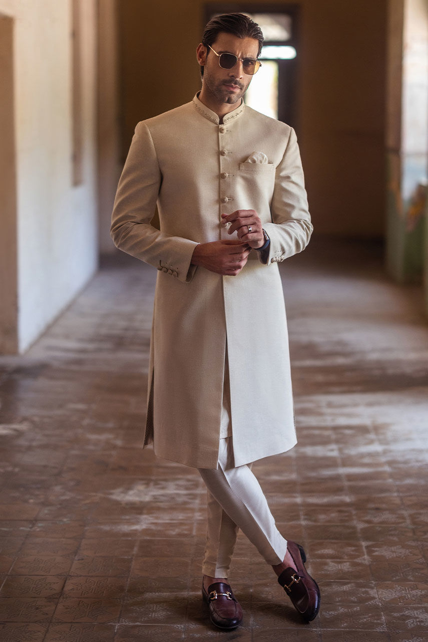 Beige Hand-Embroidered Khaddar Sherwani (2-Piece) - Image 7