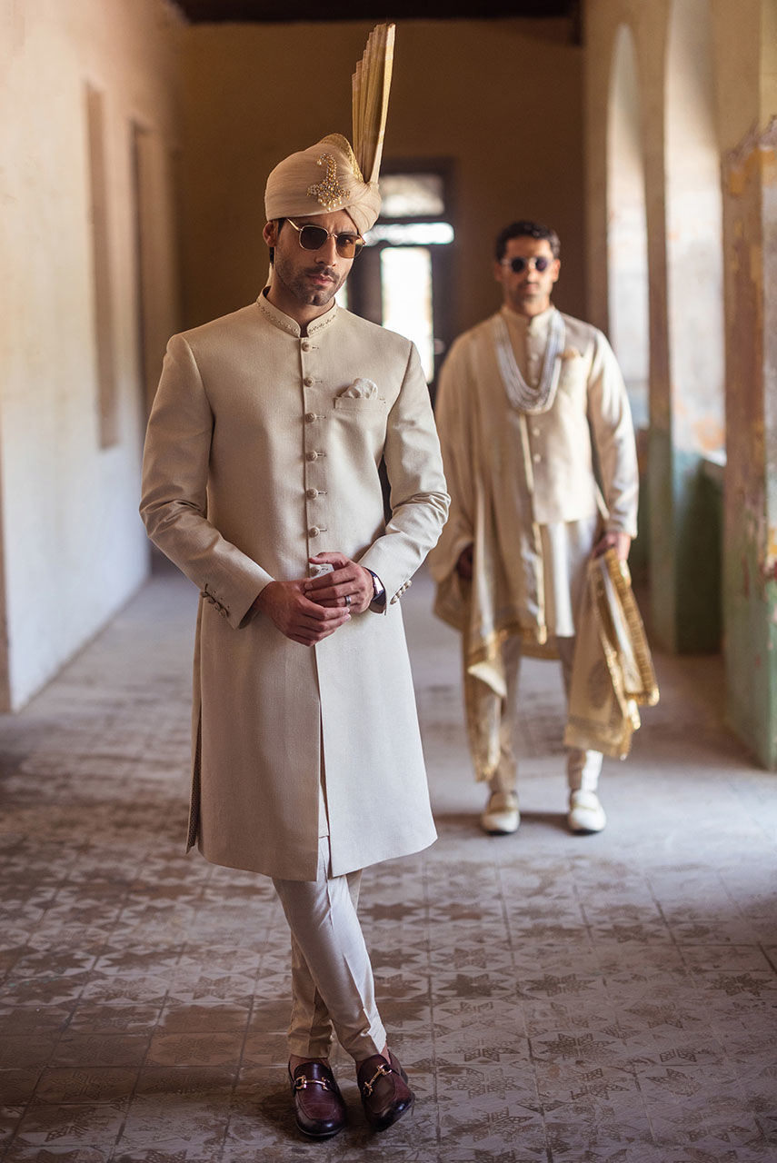 Beige Hand-Embroidered Khaddar Sherwani (2-Piece) - Image 8
