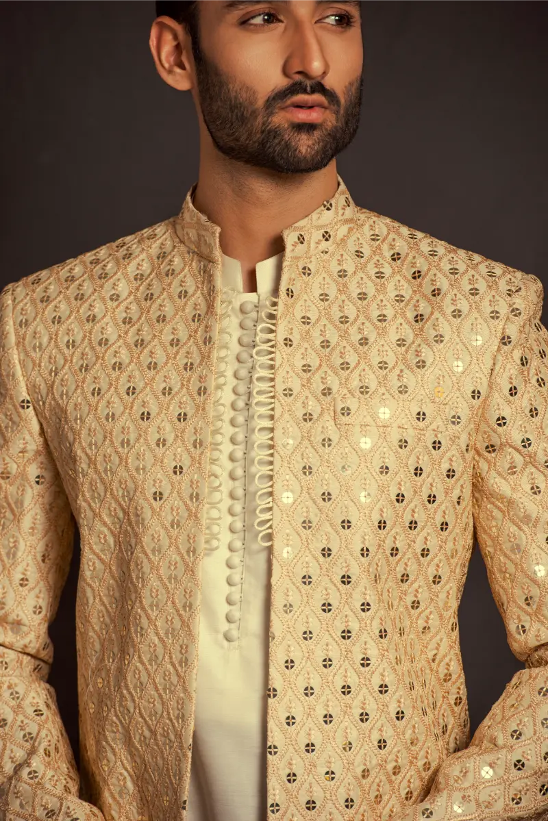 Beige Embroidered Masoori Sherwani (2-Piece) - Image 2