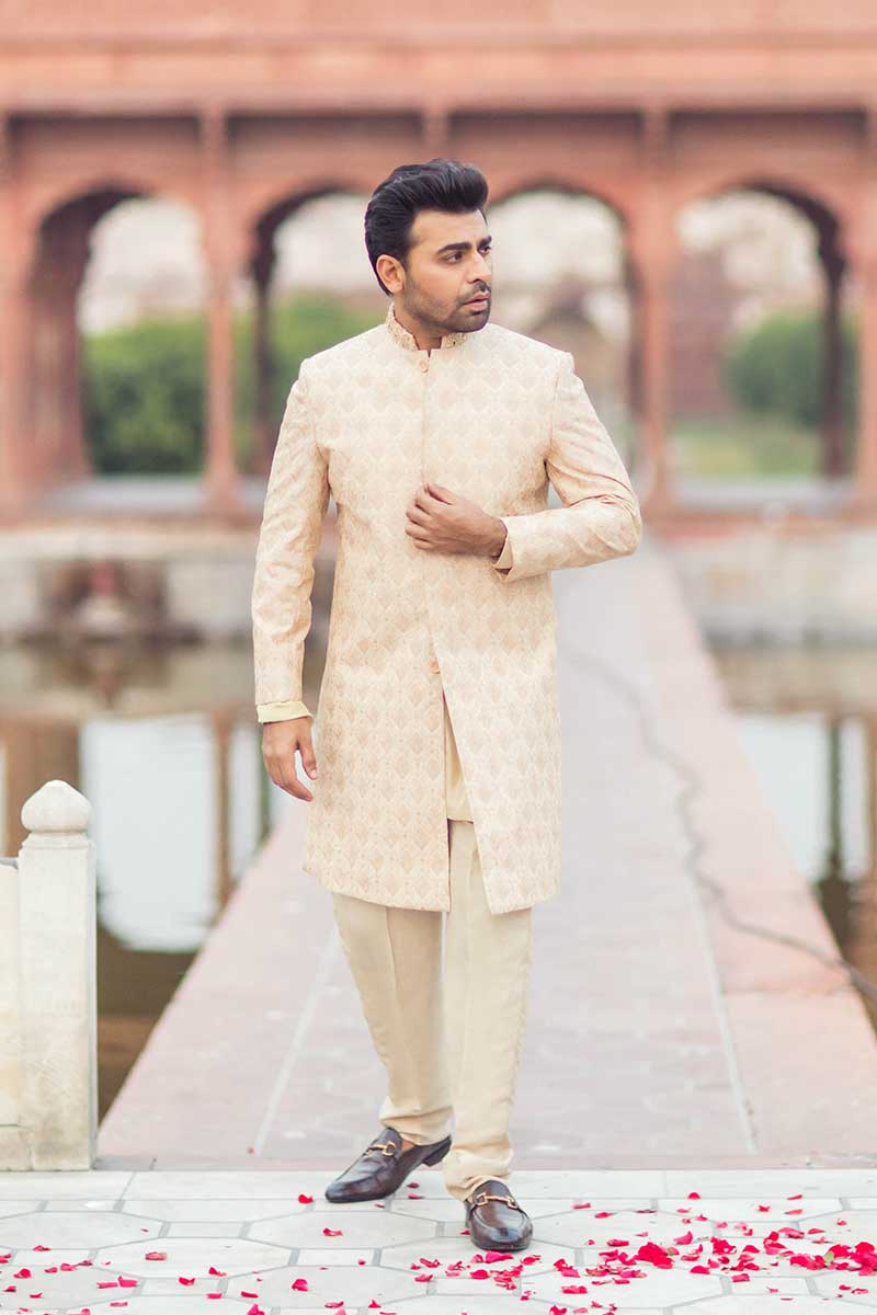 Beige Embroidered Raw Silk Achkan Sherwani (3-Piece) - Image 4