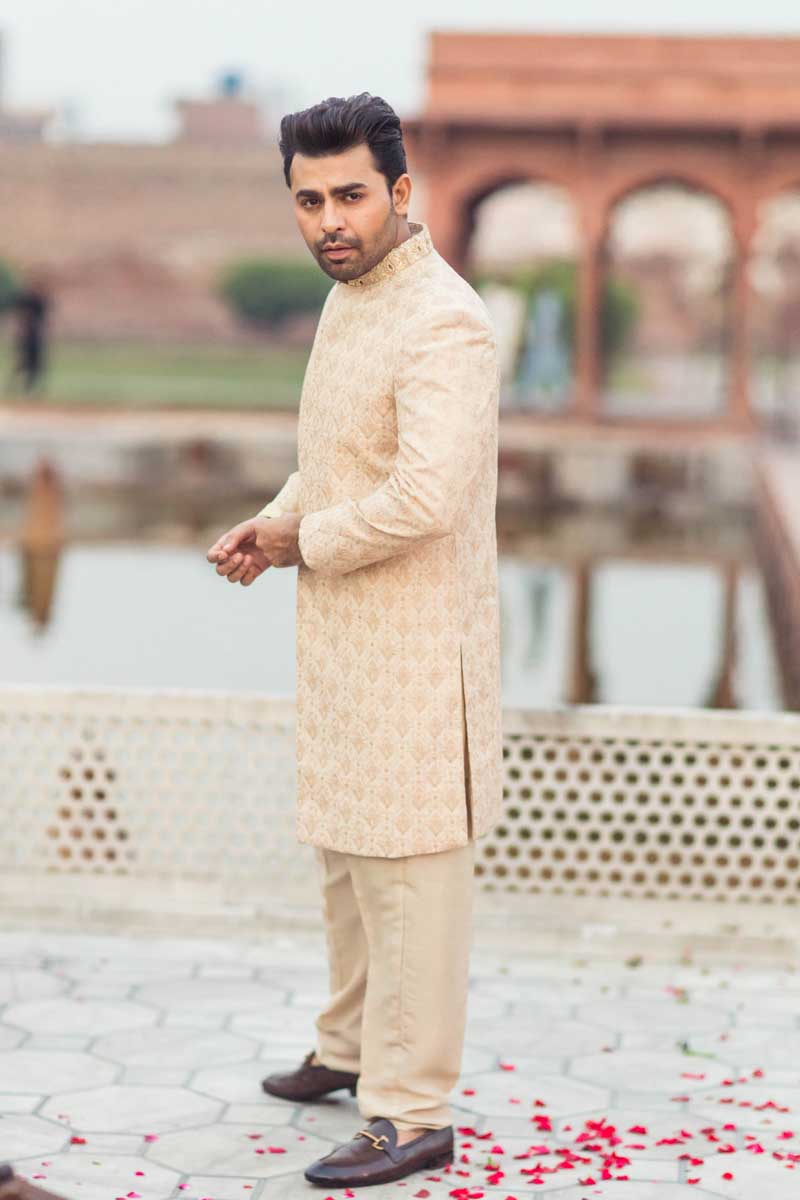 Beige Embroidered Raw Silk Achkan Sherwani (3-Piece) - Image 5