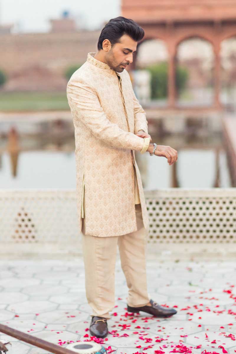 Beige Embroidered Raw Silk Achkan Sherwani (3-Piece) - Image 6