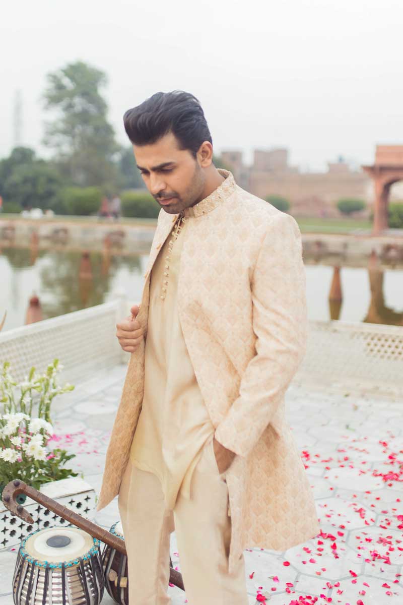 Beige Embroidered Raw Silk Achkan Sherwani (3-Piece) - Image 8