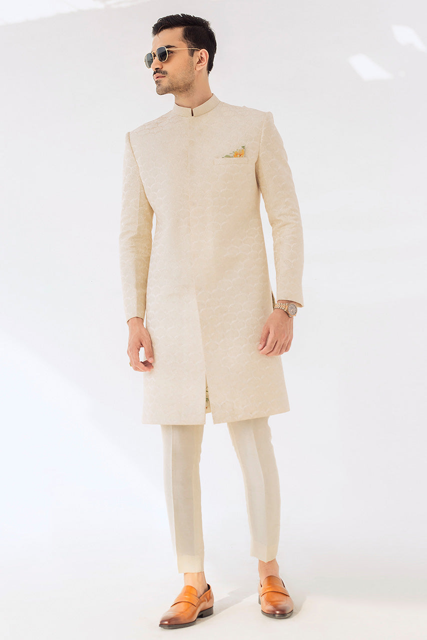 Sand Geometric Embroidered Raw Silk Sherwani (2-Piece) - Image 1