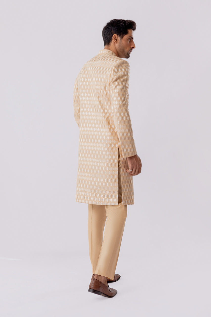 Beige Self-Embroidered Raw Silk Sherwani (2-Piece) - Image 2