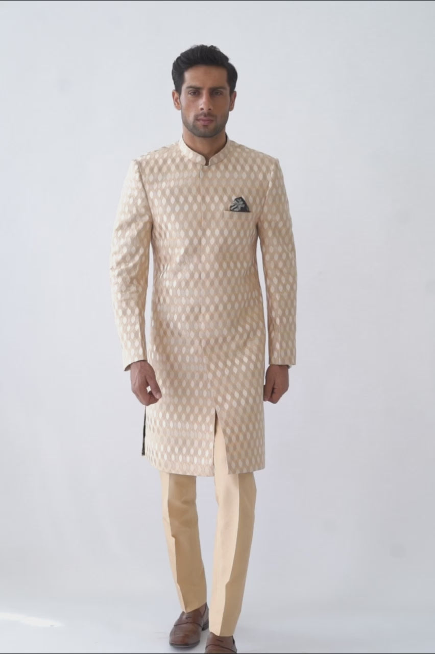 Beige Self-Embroidered Raw Silk Sherwani (2-Piece) - Image 3