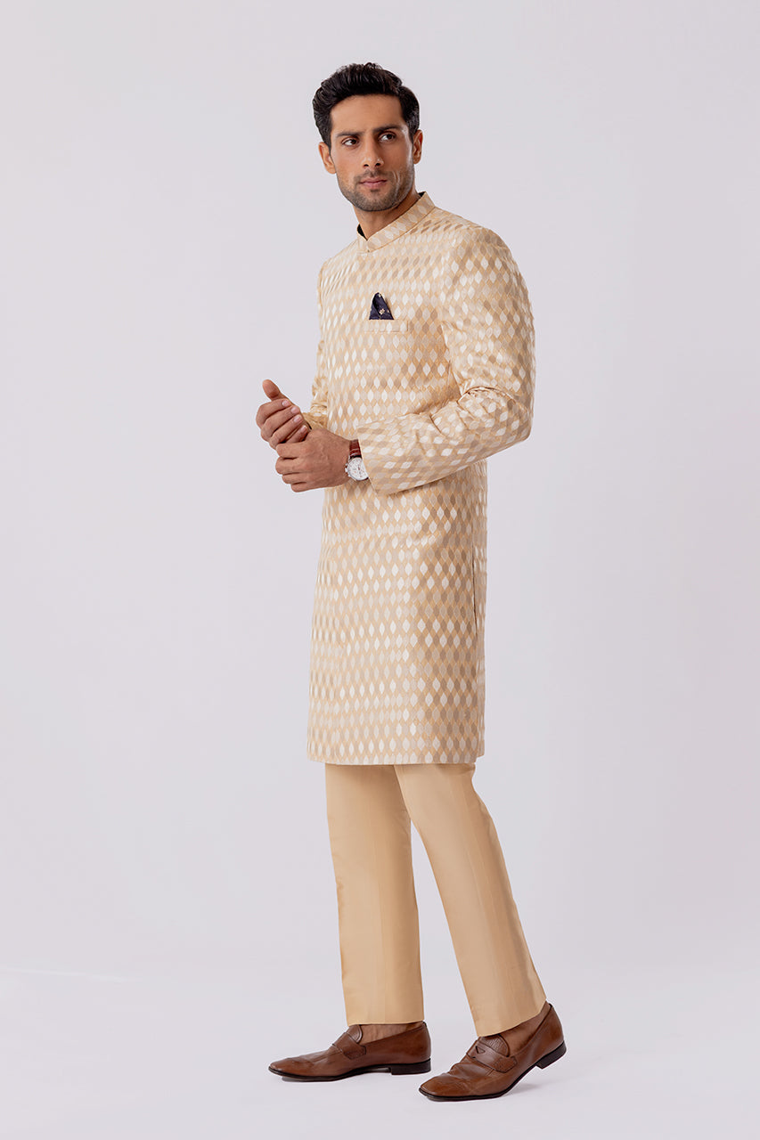 Beige Self-Embroidered Raw Silk Sherwani (2-Piece) - Image 4