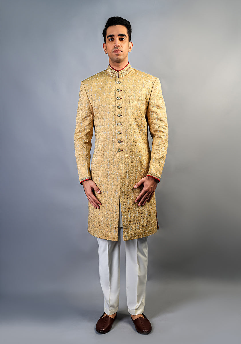 Wheat Satin Embroidered Achkan Sherwani (2-Piece) - Image 1