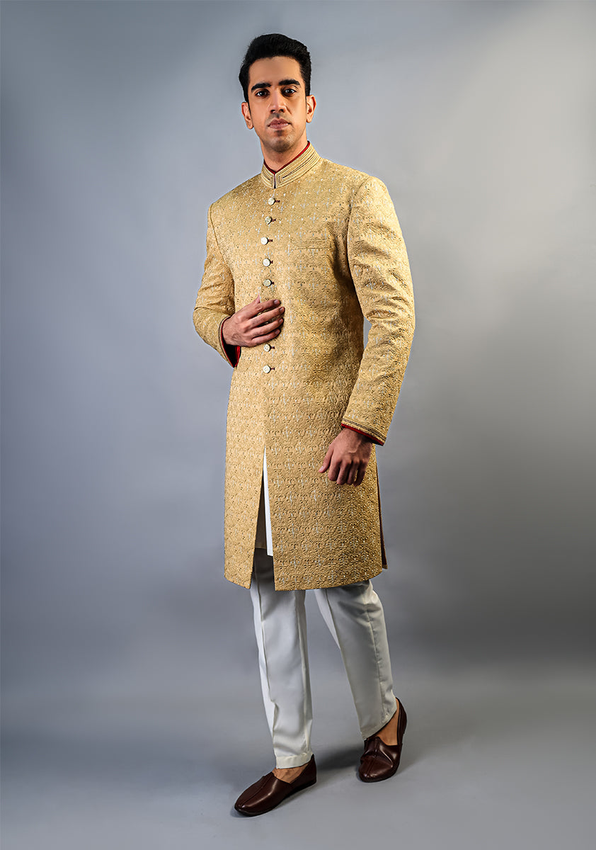 Wheat Satin Embroidered Achkan Sherwani (2-Piece) - Image 2