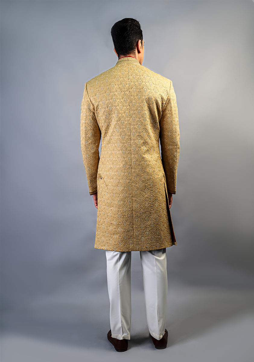 Wheat Satin Embroidered Achkan Sherwani (2-Piece) - Image 3