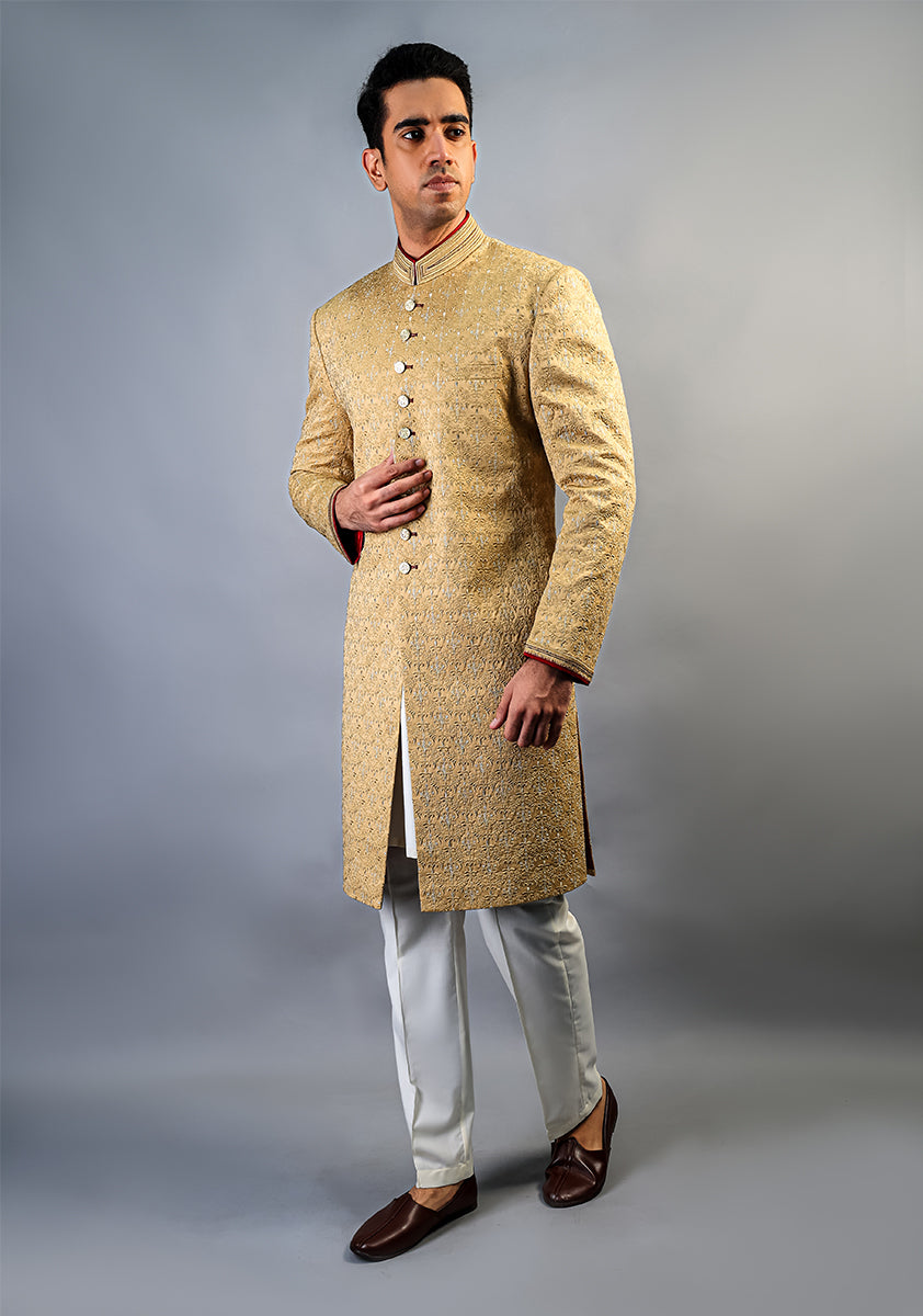 Wheat Satin Embroidered Achkan Sherwani (2-Piece) - Image 4
