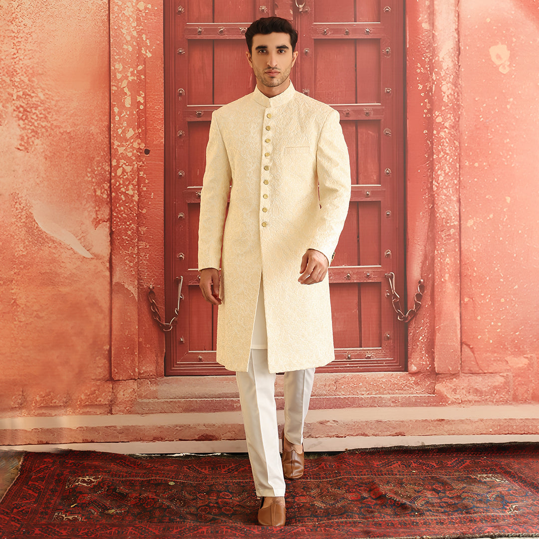 Beige Embroidered Satin Silk Sherwani (2-Piece) - Image 1
