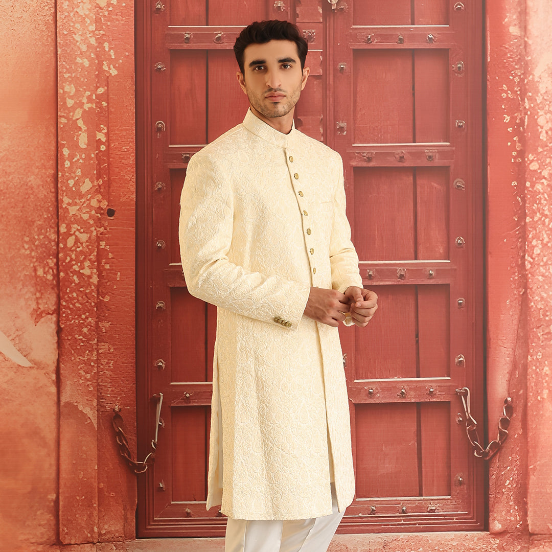 Beige Embroidered Satin Silk Sherwani (2-Piece) - Image 2