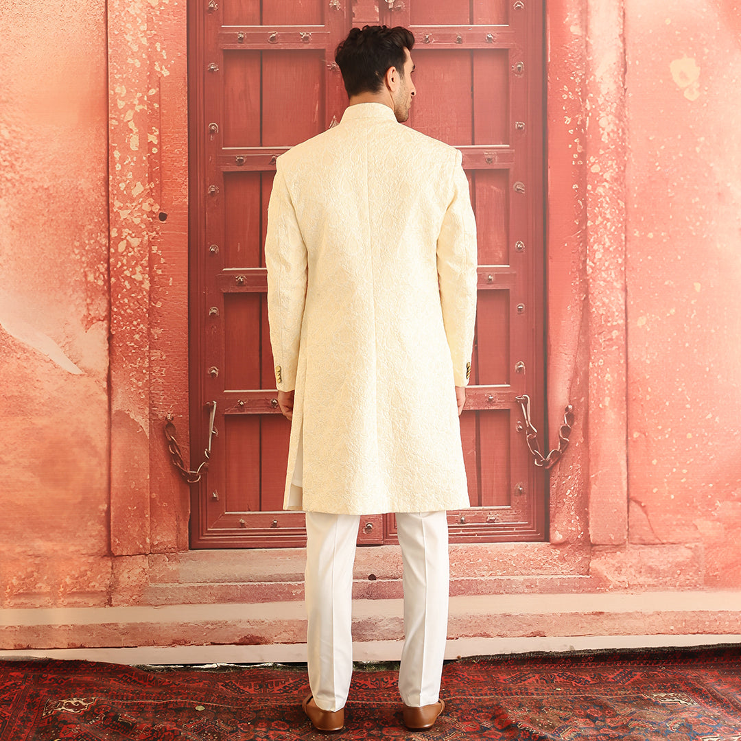 Beige Embroidered Satin Silk Sherwani (2-Piece) - Image 4