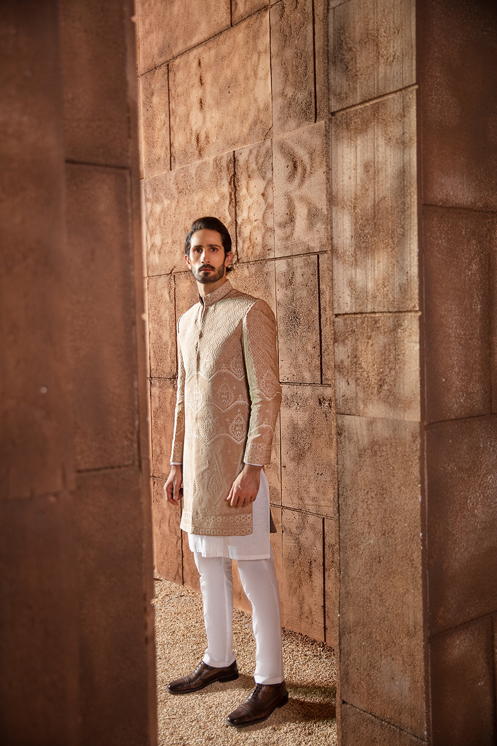 Beige Jacquard Embroidered Sherwani (3-Piece) - Image 1