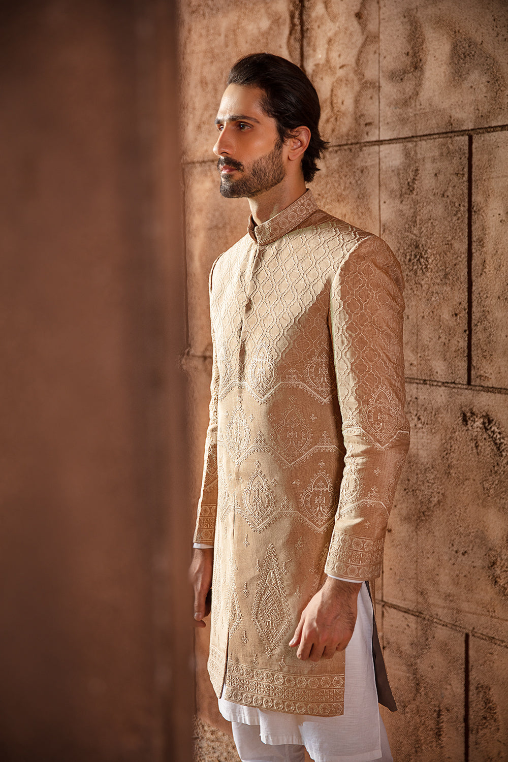 Beige Jacquard Embroidered Sherwani (3-Piece) - Image 2