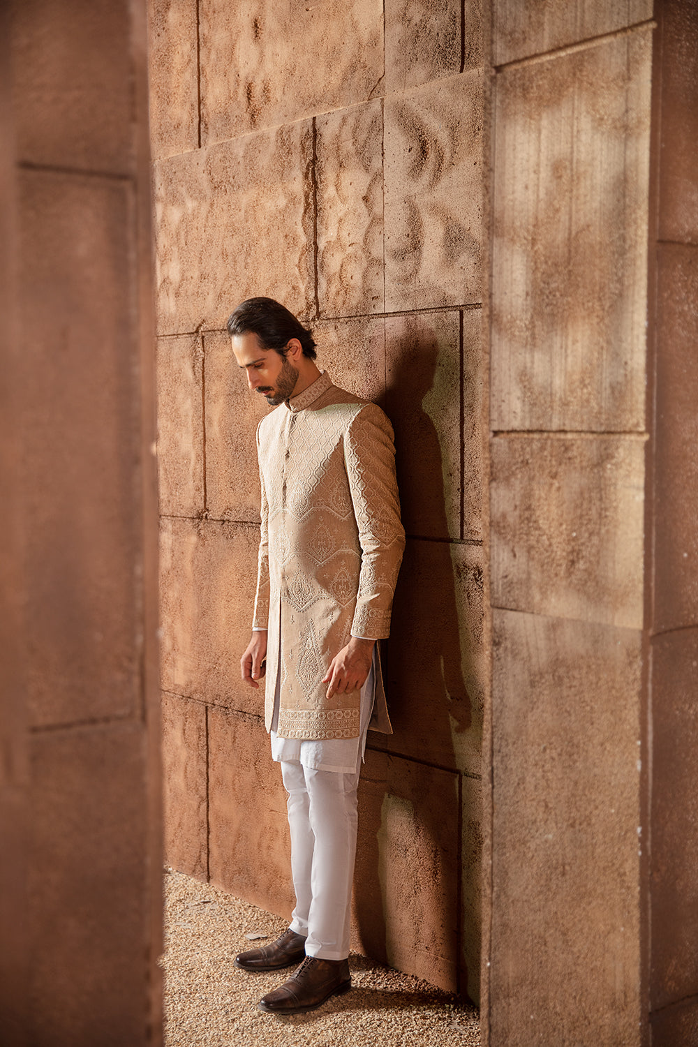 Beige Jacquard Embroidered Sherwani (3-Piece) - Image 3