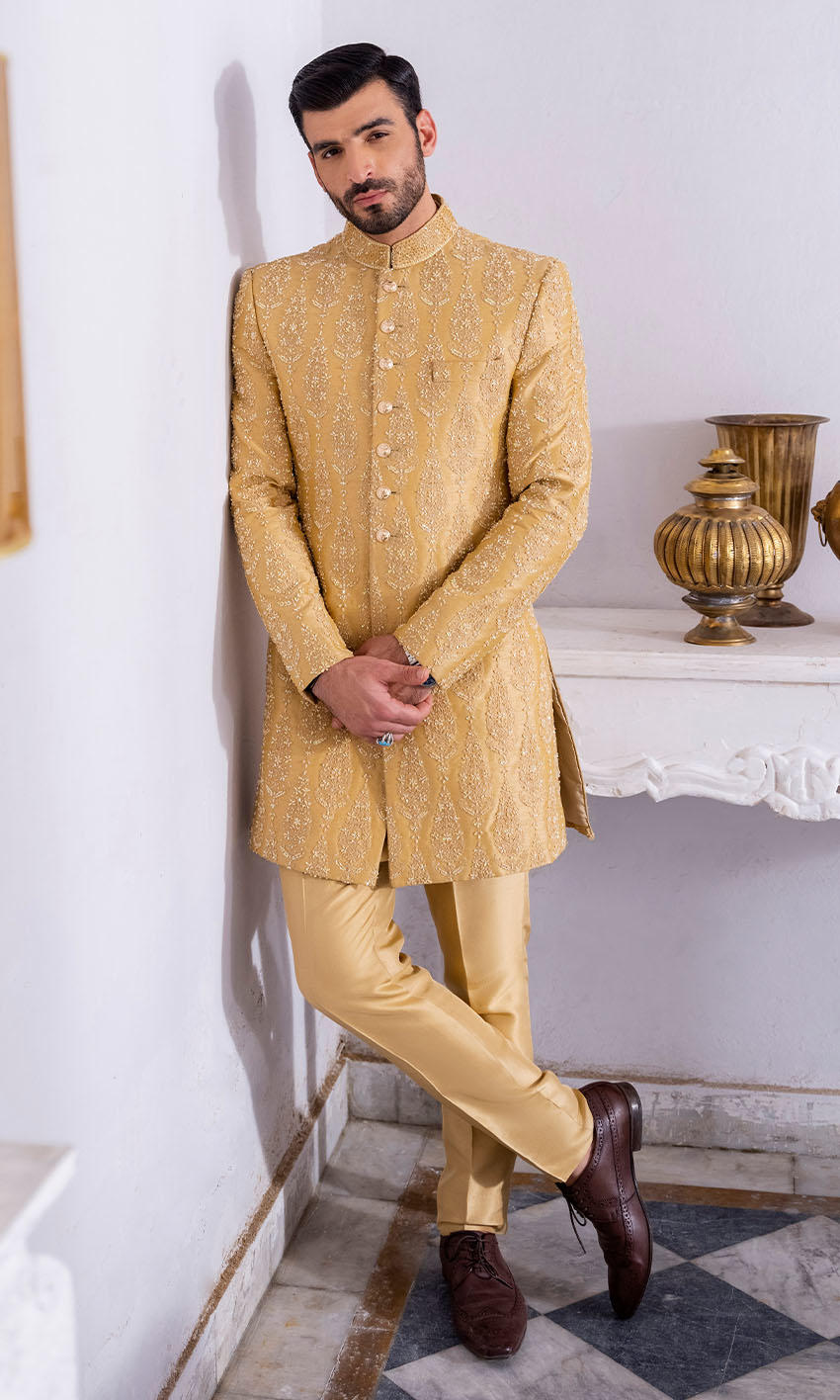 Beige Gold Cut Daana Silk-Blend Short Sherwani (2-Piece) - Image 1