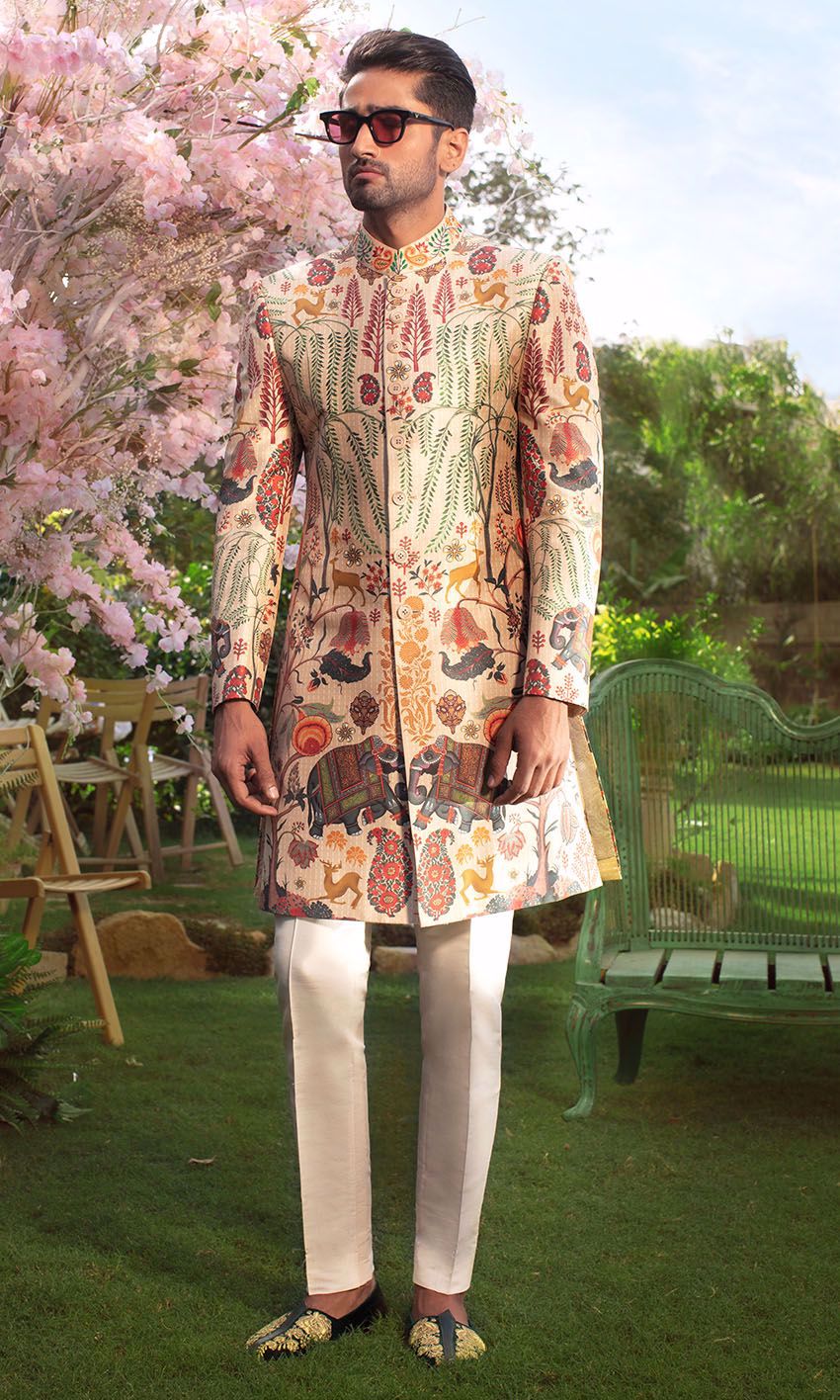 Beige Multi-Colour Printed Silk-Blend Achkan Sherwani (2-Piece) - Image 1