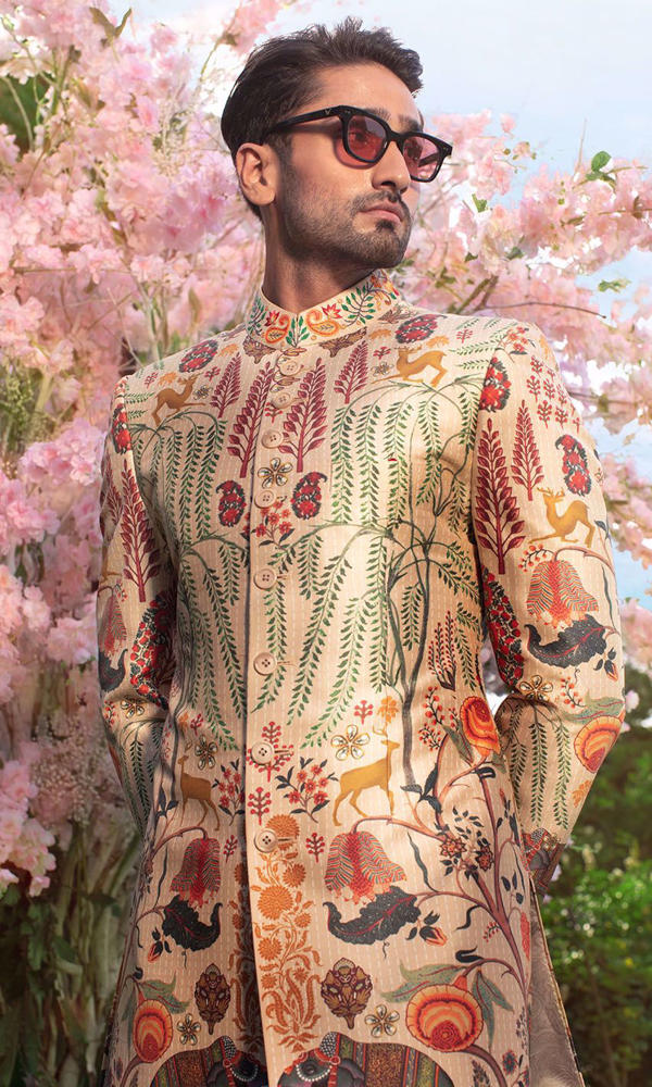Beige Multi-Colour Printed Silk-Blend Achkan Sherwani (2-Piece) - Image 3