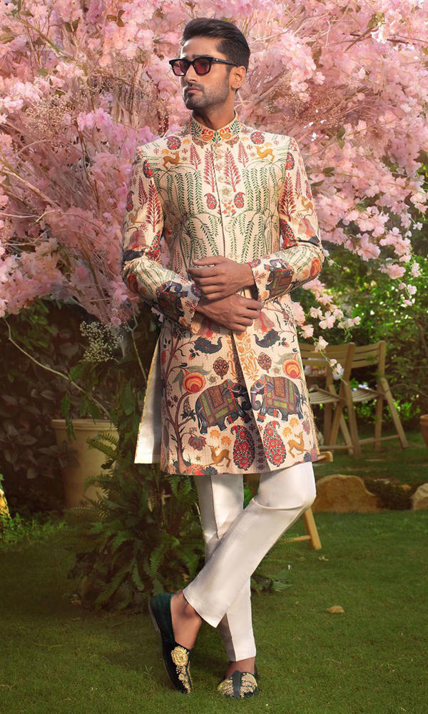 Beige Multi-Colour Printed Silk-Blend Achkan Sherwani (2-Piece) - Image 4